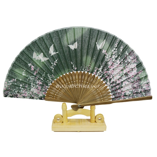 Fächer Handfächer aus Bambus & Leinen grün braun weiß rosa Blumen Schmetterlinge Handarbeit 6797 - zum Schließen ins Bild klicken